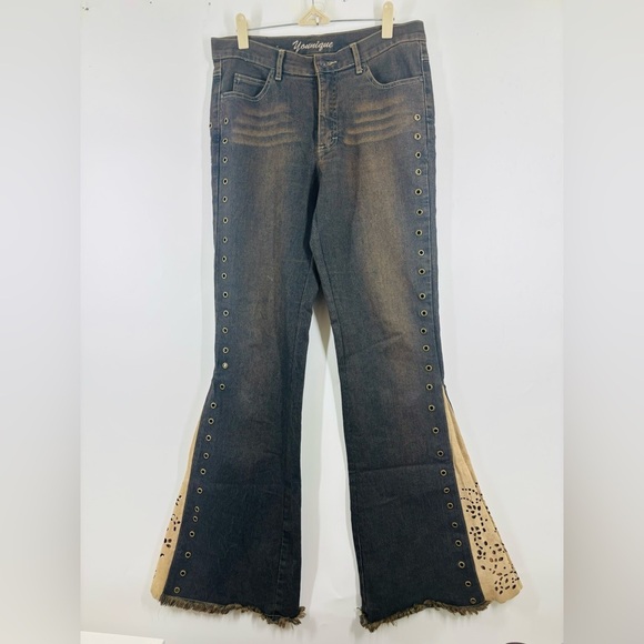 Younique Denim - NWOT Younique Rivet Suede Y2K Flare Jeans Blue Brown 11 28